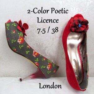 POETIC LICENCE 2-COLOR SHOES, 38, RED HALF & FLOWERED HALF w SEE-THRU HEELS, EUC